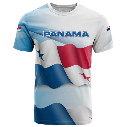 Panama Waving Flag Design T-Shirt with Red Blue Stars and National Color Pattern Graphic Tee