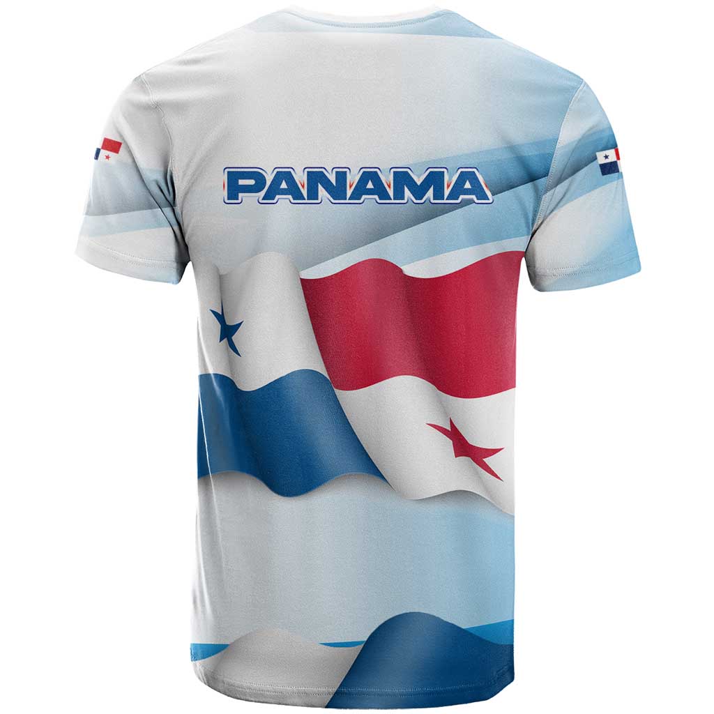 Panama Waving Flag Design T-Shirt with Red Blue Stars and National Color Pattern Graphic Tee
