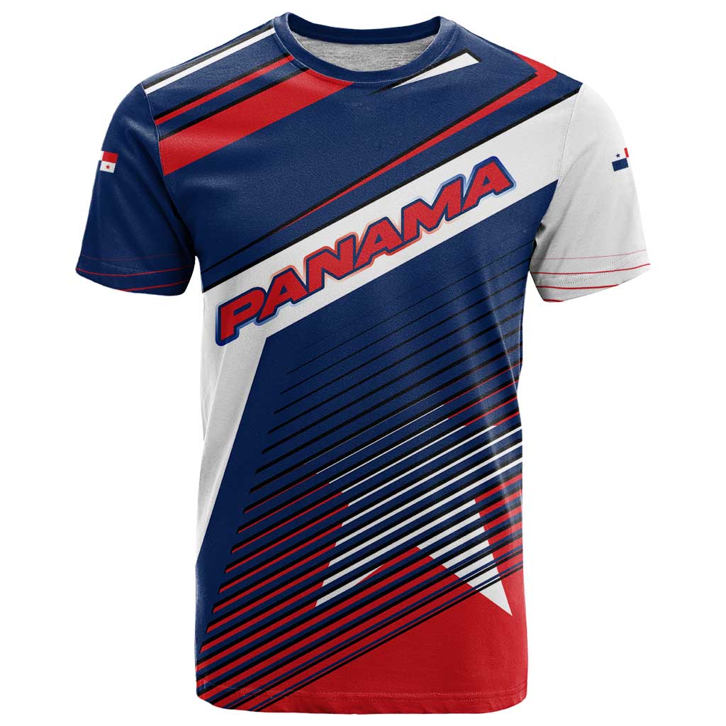 Panama Diagonal Stripe Design T-Shirt with Bold Red Blue Star and Flag Accents Graphic Tee