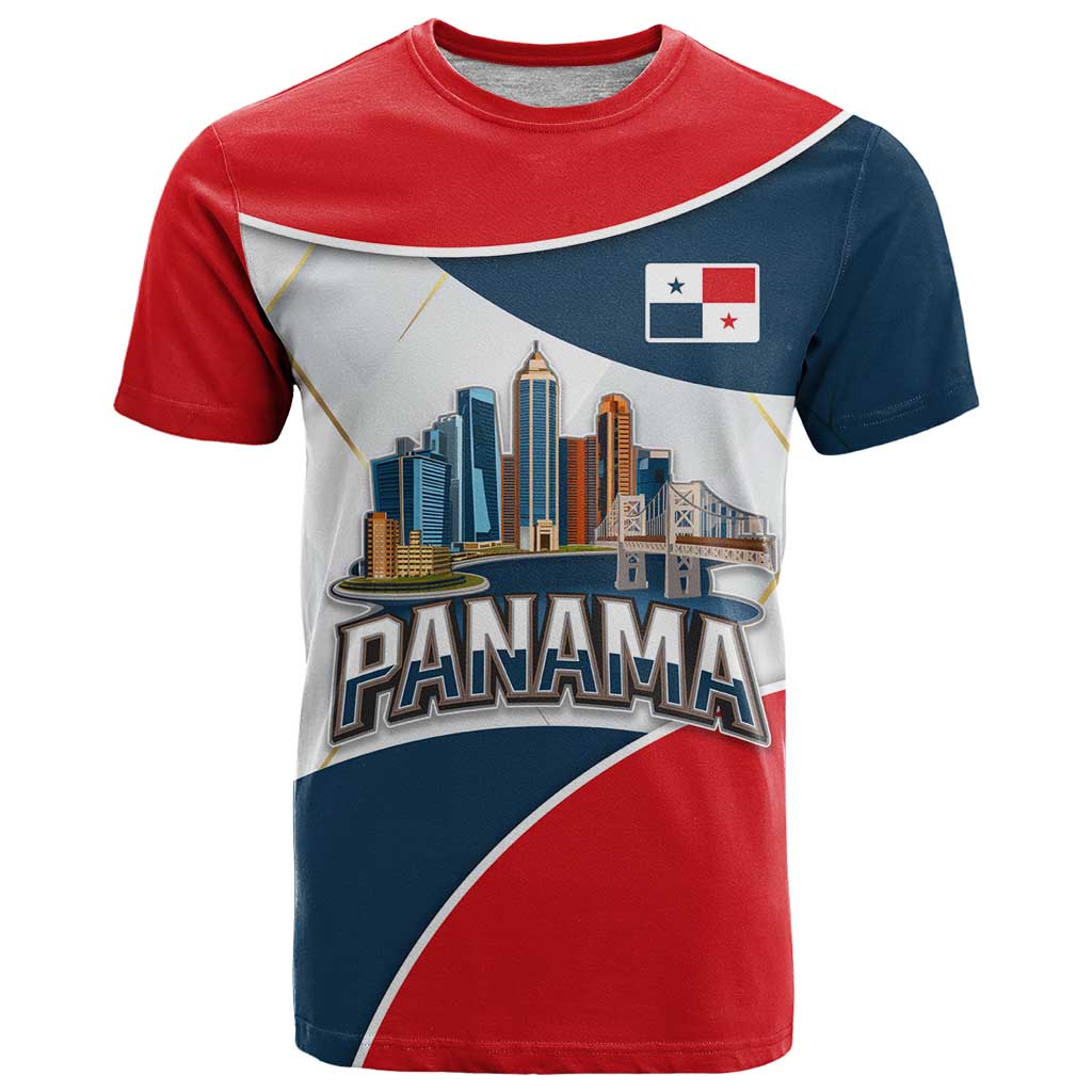 Panama City Skyline T-Shirt with National Coat of Arms and Red Blue Flag Theme Graphic Tee