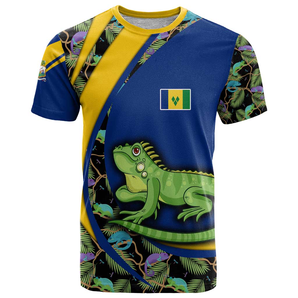 Saint Vincent and the Grenadines Iguana T-Shirt with Tropical Leaf Pattern and National Flag Graphic Tee