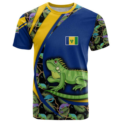 Saint Vincent and the Grenadines Iguana T-Shirt with Tropical Leaf Pattern and National Flag Graphic Tee