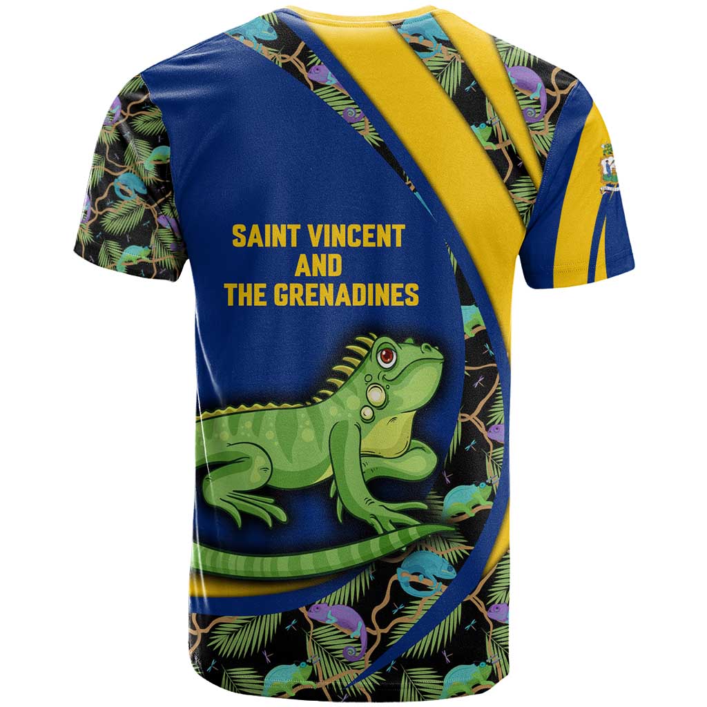 Saint Vincent and the Grenadines Iguana T-Shirt with Tropical Leaf Pattern and National Flag Graphic Tee
