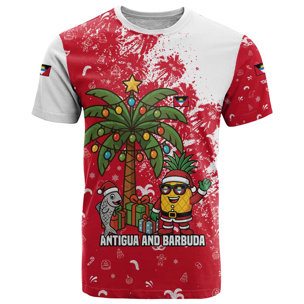 Antigua and Barbuda Christmas T-Shirt with Santa Pineapple Palm Tree Parrot and Gift Design Graphic Tee