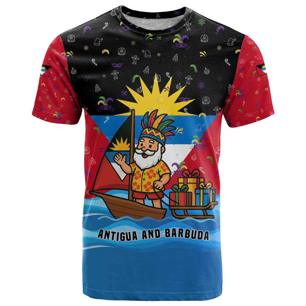 Antigua and Barbuda Christmas T-Shirt with Santa Sailboat Island Flag and Tropical Gift Design Graphic Tee