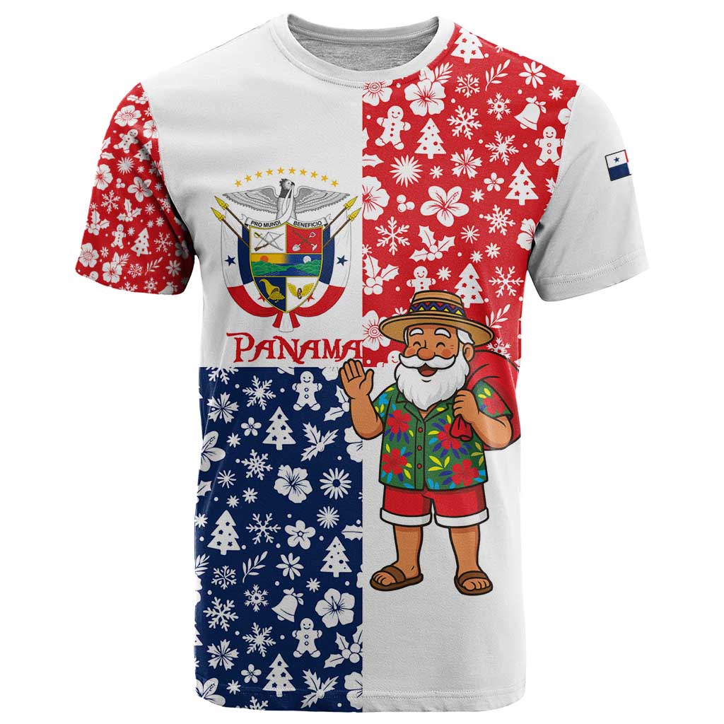 Panama Christmas T-Shirt with Tropical Santa National Coat of Arms and Festive Pattern Design Graphic Tee