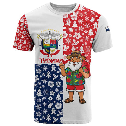 Panama Christmas T-Shirt with Tropical Santa National Coat of Arms and Festive Pattern Design Graphic Tee