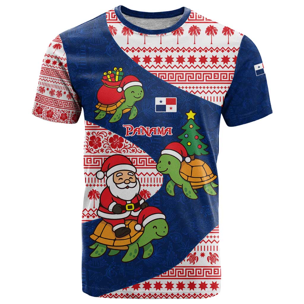 Panama Christmas T-Shirt with Santa Claus Sea Turtles Holiday Tree and Red Blue Pattern Design Graphic Tee