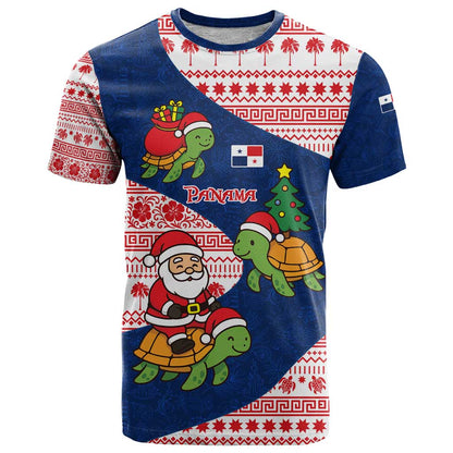Panama Christmas T-Shirt with Santa Claus Sea Turtles Holiday Tree and Red Blue Pattern Design Graphic Tee