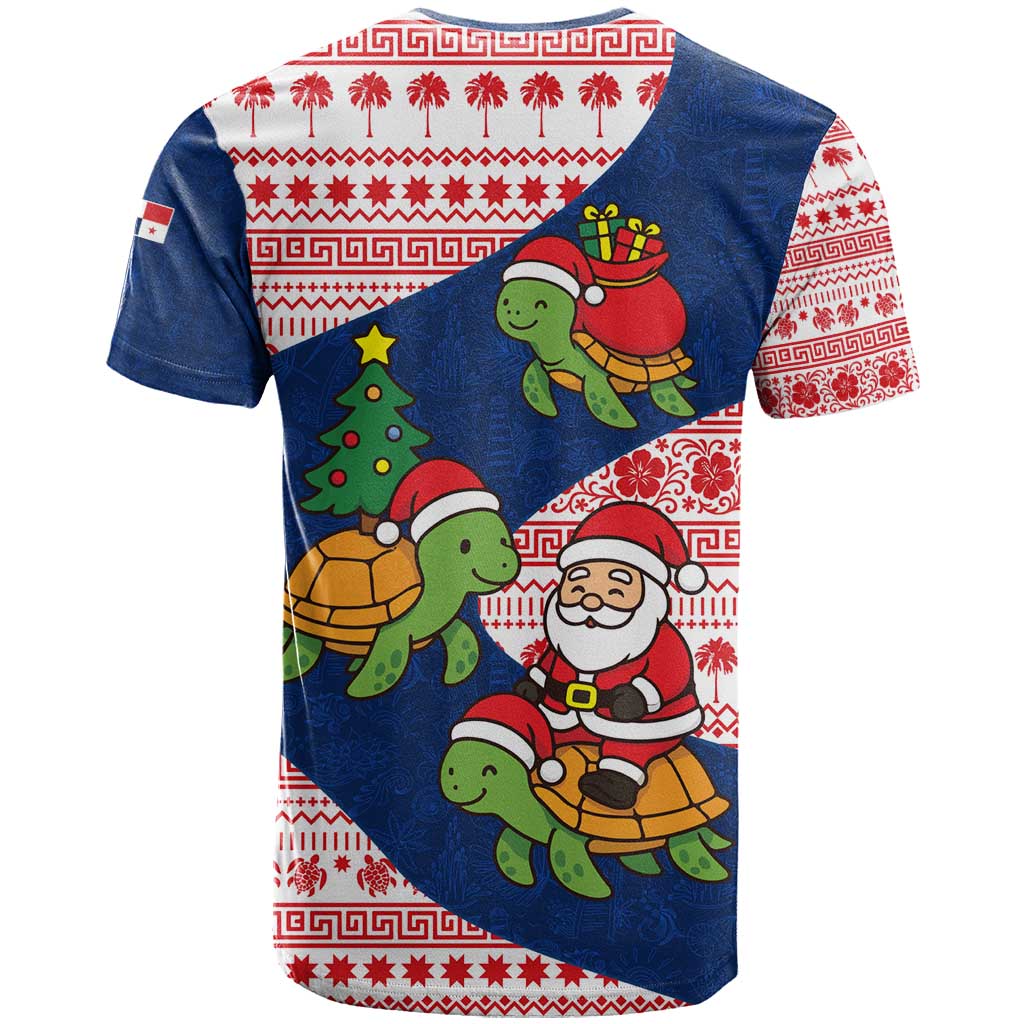 Panama Christmas T-Shirt with Santa Claus Sea Turtles Holiday Tree and Red Blue Pattern Design Graphic Tee
