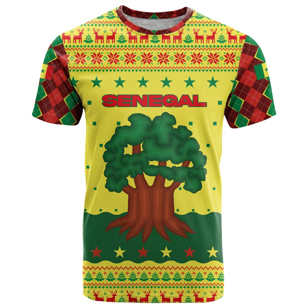 Senegal Christmas T-Shirt with Yellow-Green-Red Design, Baobab Tree, and National Coat of Arms Motif Graphic Tee