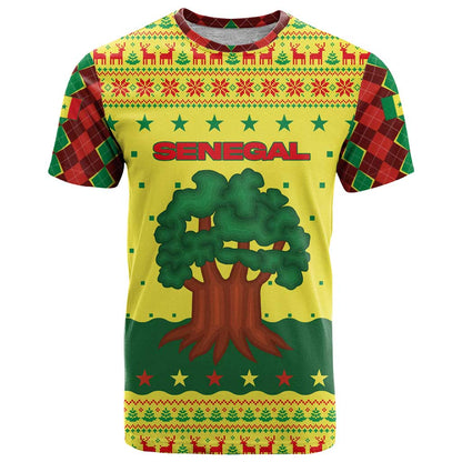 Senegal Christmas T-Shirt with Yellow-Green-Red Design, Baobab Tree, and National Coat of Arms Motif Graphic Tee