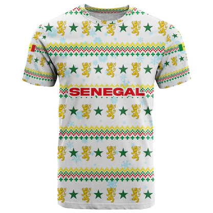 Senegal Christmas T-Shirt with White-Green-Yellow Design, Golden Lion, and Festive Stars Motif Graphic Tee