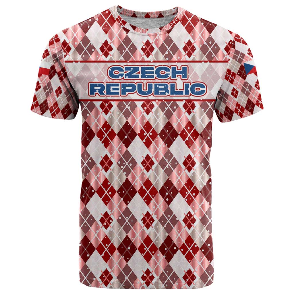 Czech Republic Christmas T-Shirt with Red-White Checkered Design, Double-Tailed Lion, and Festive Motif Graphic Tee