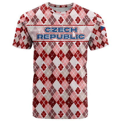Czech Republic Christmas T-Shirt with Red-White Checkered Design, Double-Tailed Lion, and Festive Motif Graphic Tee