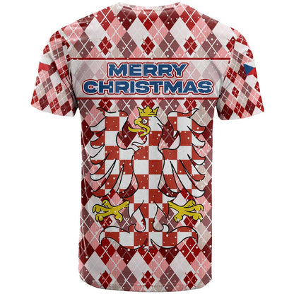 Czech Republic Christmas T-Shirt with Red-White Checkered Design, Double-Tailed Lion, and Festive Motif Graphic Tee