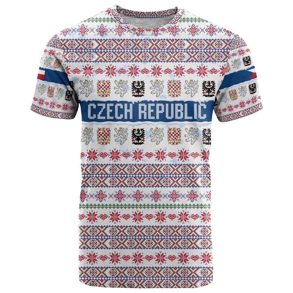 Czech Republic Christmas T-Shirt with Folk Embroidery Design, National Coat of Arms, and Festive Motif Graphic Tee
