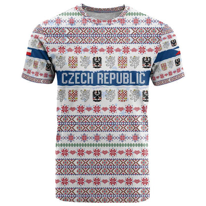 Czech Republic Christmas T-Shirt with Folk Embroidery Design, National Coat of Arms, and Festive Motif Graphic Tee