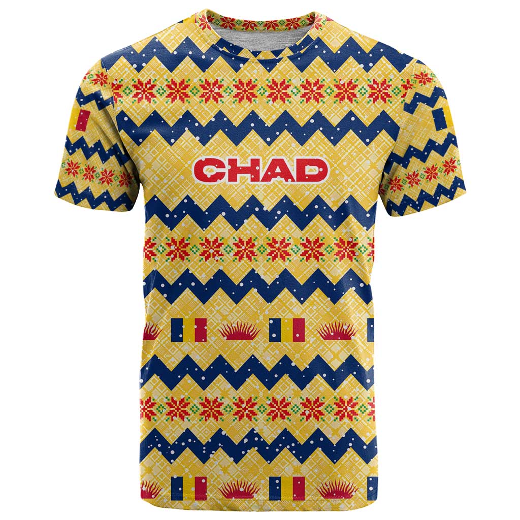 Chad Christmas T-Shirt with Yellow-Blue Geometric Design, National Coat of Arms, and Festive Motif Graphic Tee