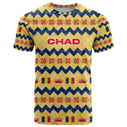 Chad Christmas T-Shirt with Yellow-Blue Geometric Design, National Coat of Arms, and Festive Motif Graphic Tee