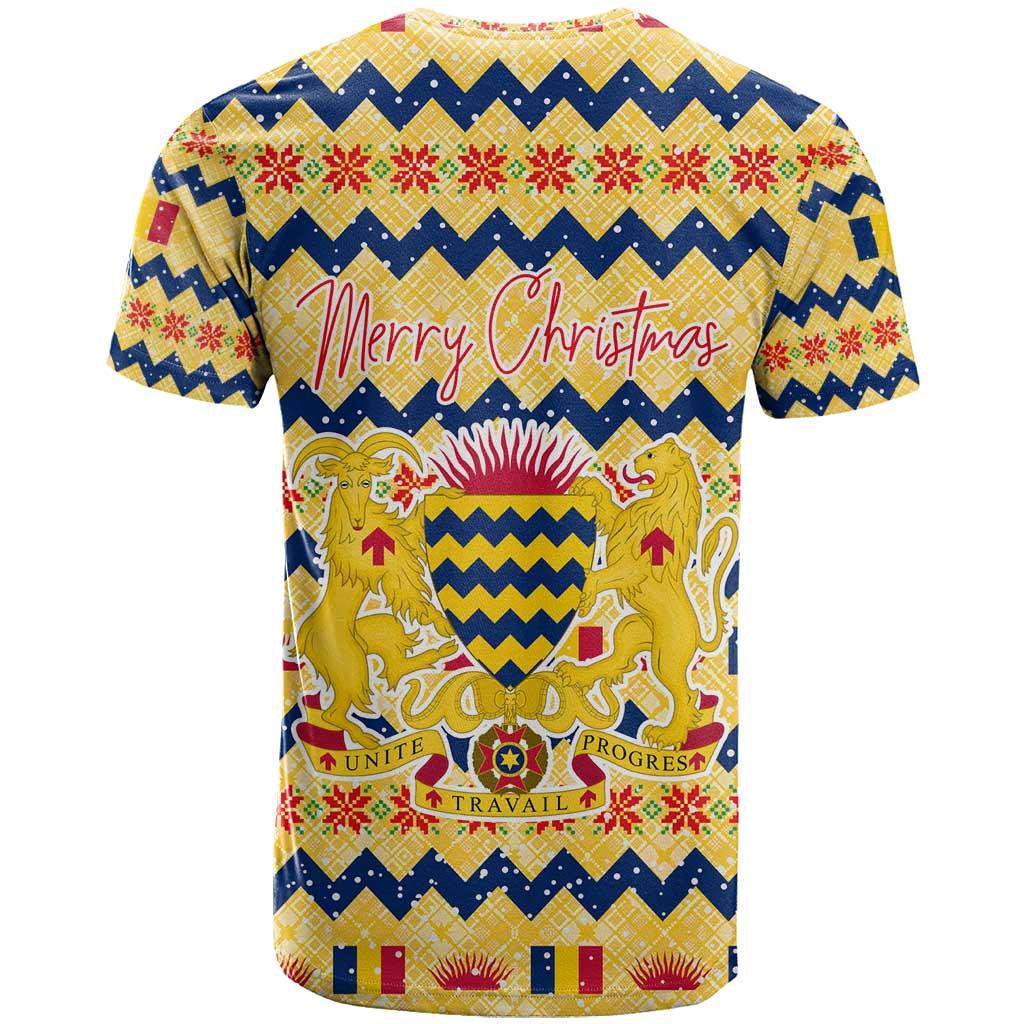 Chad Christmas T-Shirt with Yellow-Blue Geometric Design, National Coat of Arms, and Festive Motif Graphic Tee