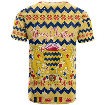 Chad Christmas T-Shirt with Yellow-Blue Geometric Design, National Coat of Arms, and Festive Motif Graphic Tee