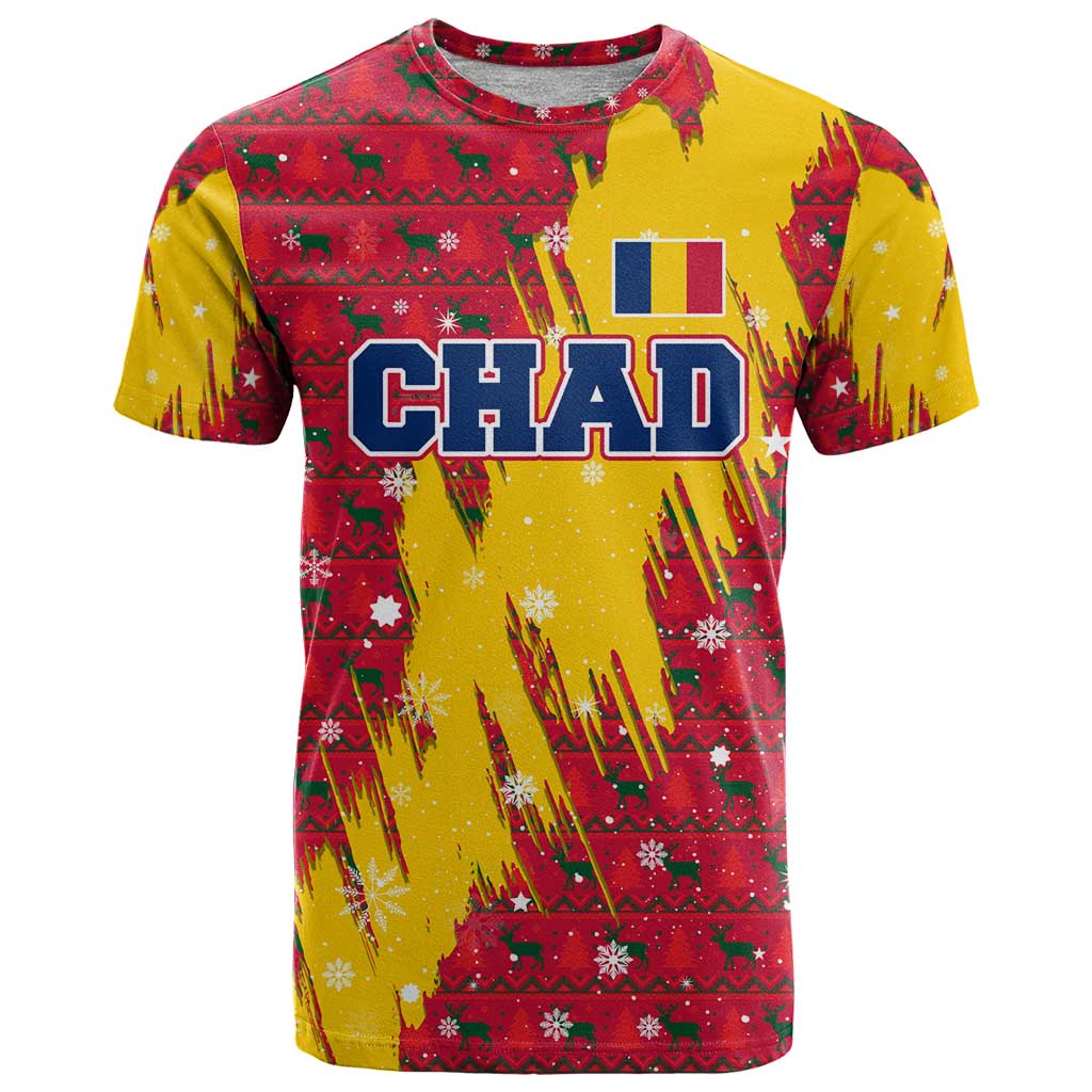 Chad Christmas T-Shirt with Red-Yellow Festive Pattern, National Coat of Arms, and Snowflake Accents Graphic Tee
