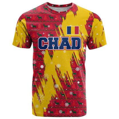 Chad Christmas T-Shirt with Red-Yellow Festive Pattern, National Coat of Arms, and Snowflake Accents Graphic Tee