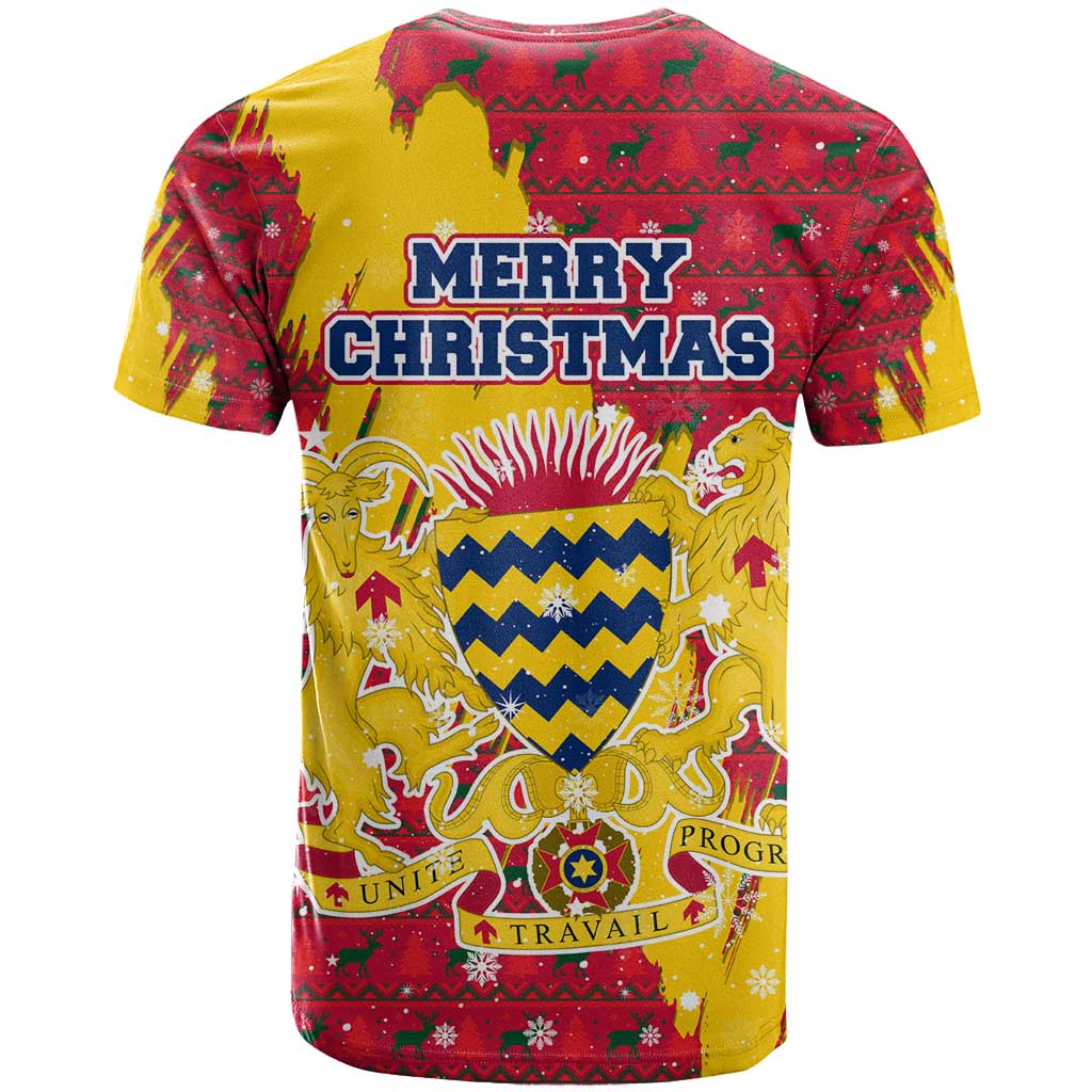 Chad Christmas T-Shirt with Red-Yellow Festive Pattern, National Coat of Arms, and Snowflake Accents Graphic Tee