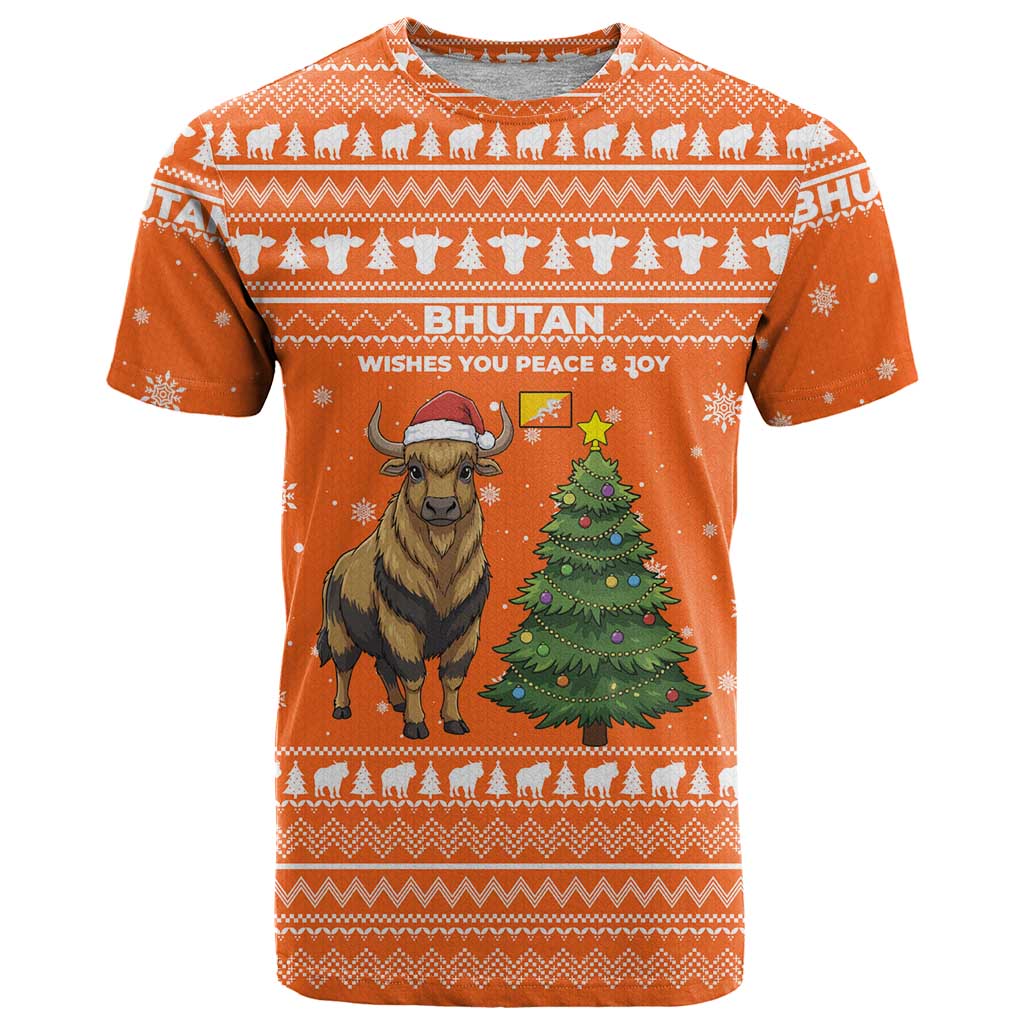 Bhutan Christmas T-Shirt with Takin Santa Hat Christmas Tree and Snowflake Pattern in Orange Graphic Tee