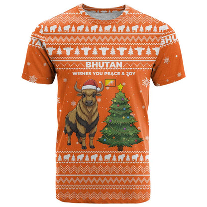 Bhutan Christmas T-Shirt with Takin Santa Hat Christmas Tree and Snowflake Pattern in Orange Graphic Tee