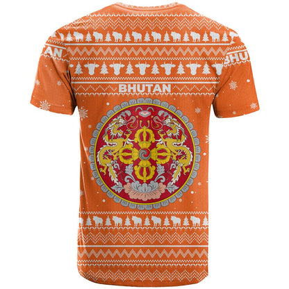 Bhutan Christmas T-Shirt with Takin Santa Hat Christmas Tree and Snowflake Pattern in Orange Graphic Tee
