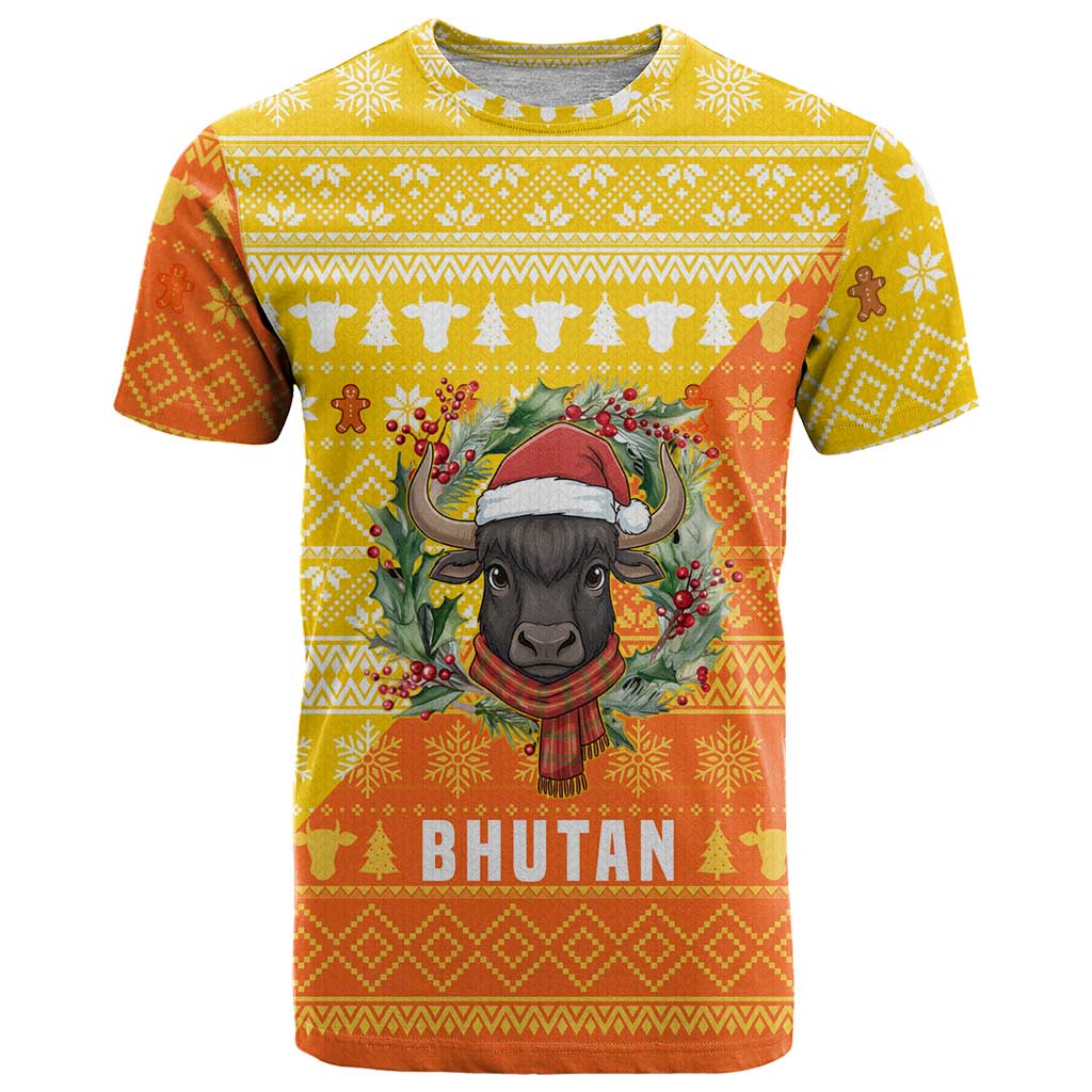 Bhutan Christmas T-Shirt with Takin Reindeer Antlers Santa Hat and Yellow Orange Holiday Pattern Graphic Tee