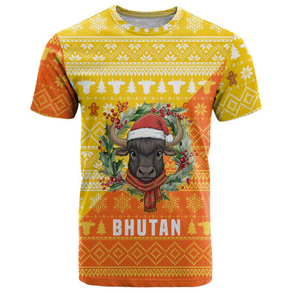 Bhutan Christmas T-Shirt with Takin Reindeer Antlers Santa Hat and Yellow Orange Holiday Pattern Graphic Tee