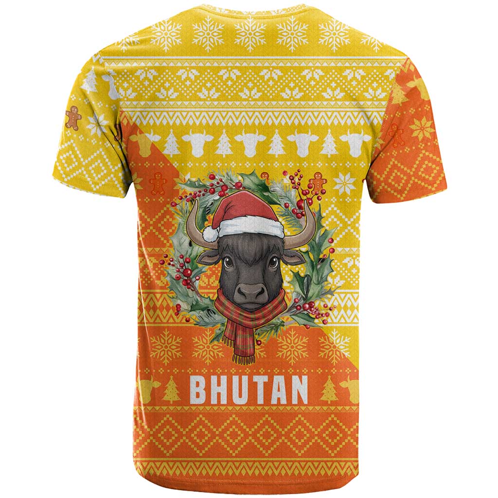 Bhutan Christmas T-Shirt with Takin Reindeer Antlers Santa Hat and Yellow Orange Holiday Pattern Graphic Tee
