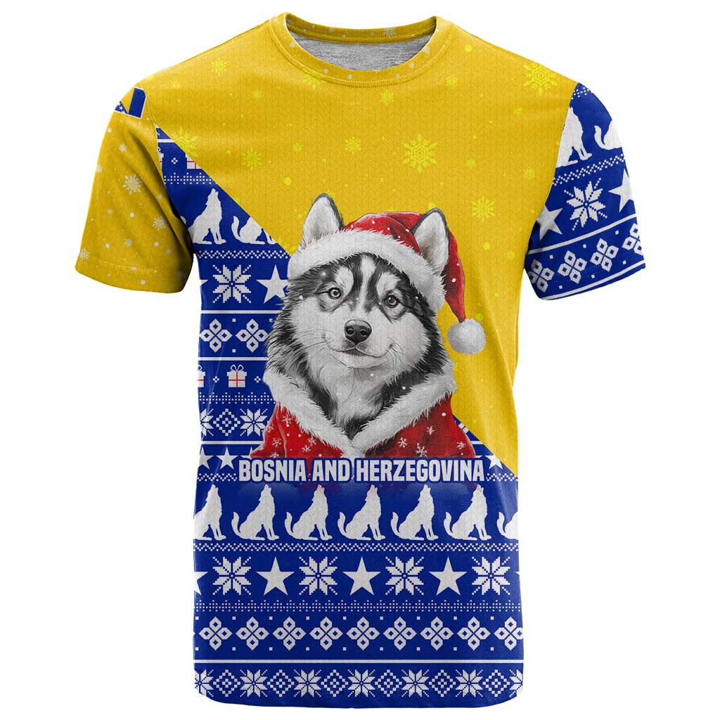 Bosnia and Herzegovina Christmas T-Shirt with Husky Dog Santa Hat and Blue Yellow Snowflake Pattern Graphic Tee