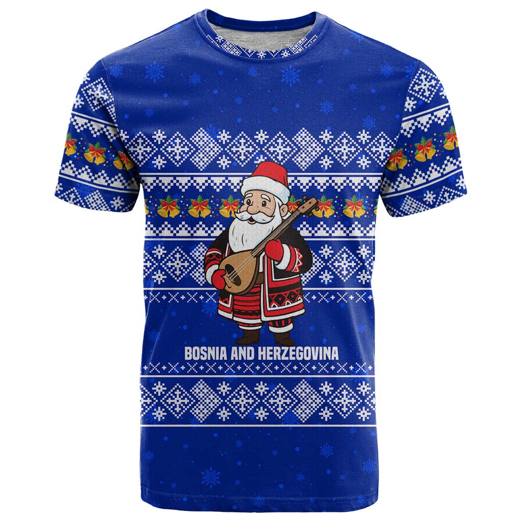 Bosnia and Herzegovina Christmas T-Shirt with Santa Playing Traditional Instrument and Blue Snowflake Pattern Graphic Tee