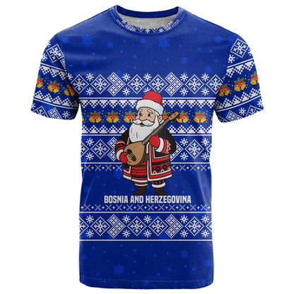 Bosnia and Herzegovina Christmas T-Shirt with Santa Playing Traditional Instrument and Blue Snowflake Pattern Graphic Tee