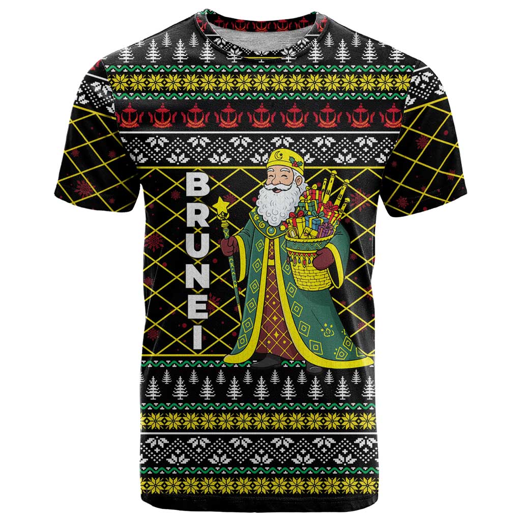 Brunei Christmas T-Shirt with Traditional Santa Gift Basket and Black Yellow Red Holiday Pattern Graphic Tee