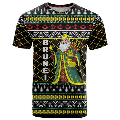 Brunei Christmas T-Shirt with Traditional Santa Gift Basket and Black Yellow Red Holiday Pattern Graphic Tee