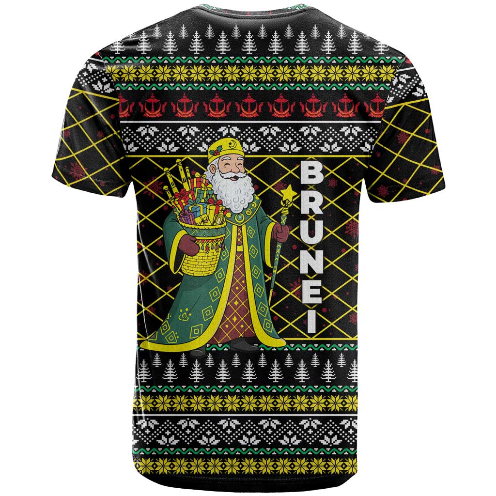 Brunei Christmas T-Shirt with Traditional Santa Gift Basket and Black Yellow Red Holiday Pattern Graphic Tee
