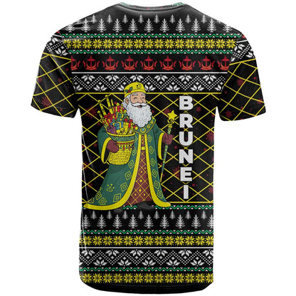 Brunei Christmas T-Shirt with Traditional Santa Gift Basket and Black Yellow Red Holiday Pattern Graphic Tee