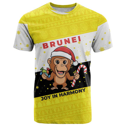 Brunei Christmas T-Shirt with Cartoon Monkey Santa Hat Candy Cane and Yellow Black Flag Pattern Graphic Tee