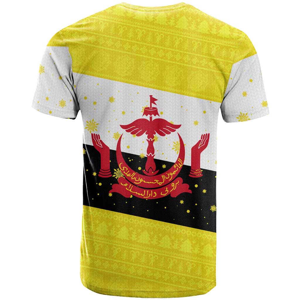 Brunei Christmas T-Shirt with Cartoon Monkey Santa Hat Candy Cane and Yellow Black Flag Pattern Graphic Tee