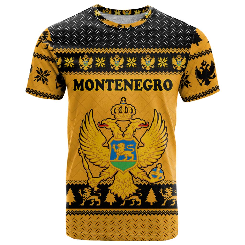 Montenegro Christmas T-Shirt with Gold-Black Theme, Double-Headed Eagle, and Map Motif Graphic Tee