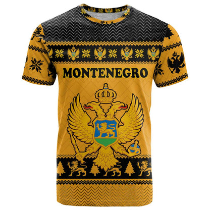 Montenegro Christmas T-Shirt with Gold-Black Theme, Double-Headed Eagle, and Map Motif Graphic Tee