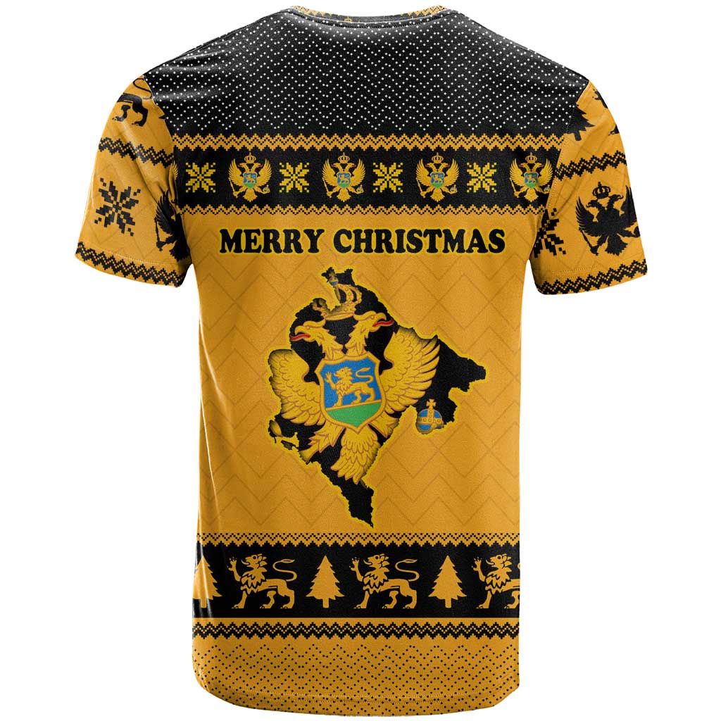 Montenegro Christmas T-Shirt with Gold-Black Theme, Double-Headed Eagle, and Map Motif Graphic Tee