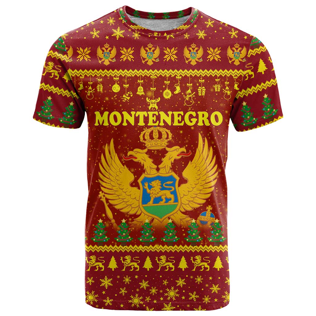 Montenegro Christmas T-Shirt with Red-Gold Theme, Double-Headed Eagle, and Santa Motif Graphic Tee