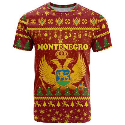 Montenegro Christmas T-Shirt with Red-Gold Theme, Double-Headed Eagle, and Santa Motif Graphic Tee