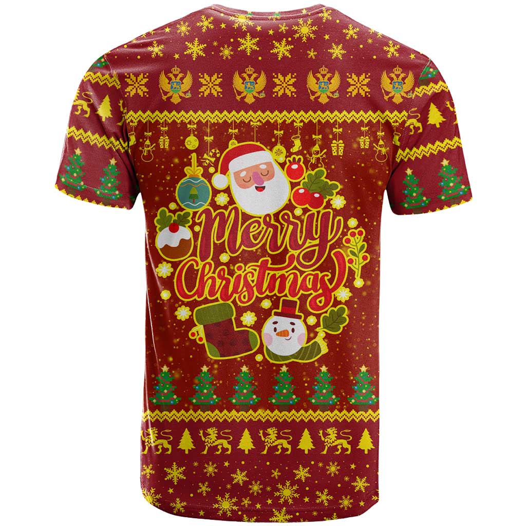 Montenegro Christmas T-Shirt with Red-Gold Theme, Double-Headed Eagle, and Santa Motif Graphic Tee